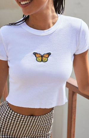 Colorful Butterfly Embroidered Ribbed Cotton Tank Top Crop Top