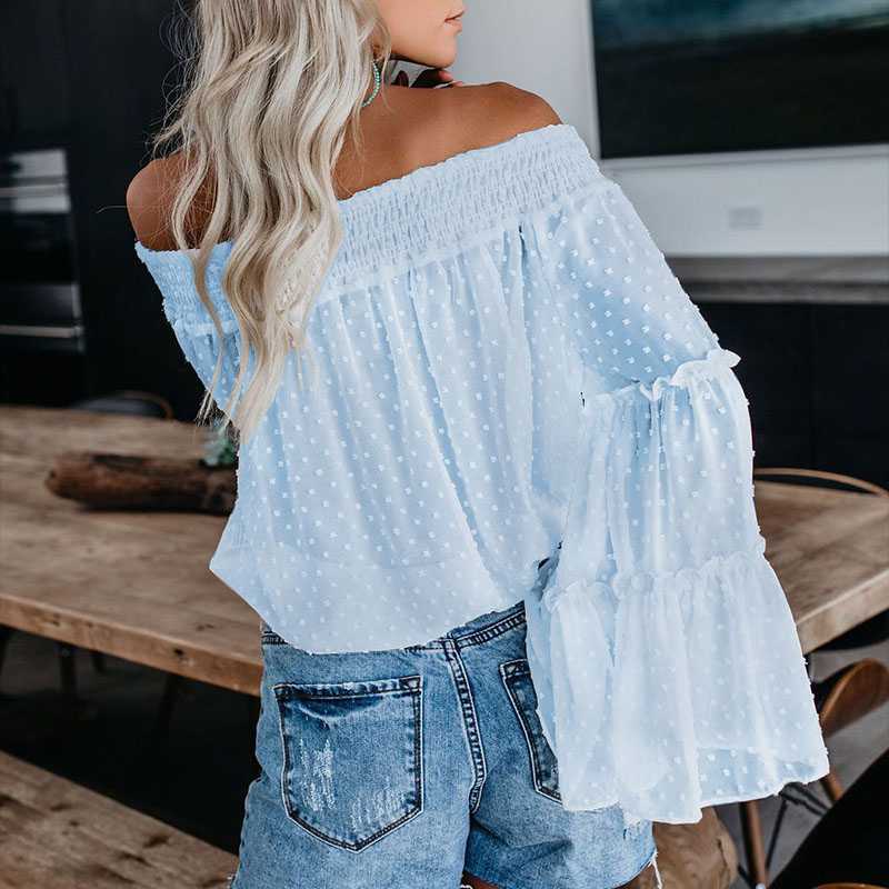 Embellished Polka Dots Oversized Chiffon off The Shoulder Tops long Puff Sleeve