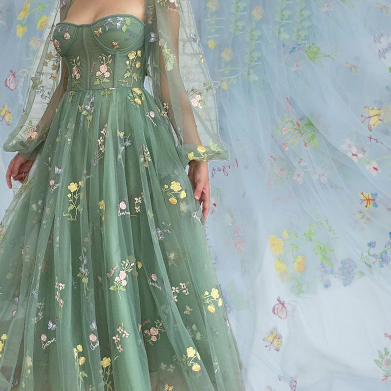 Retro Floral Flower Embroidered Maxi Prom Tulle Formal Gown Dress