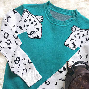 Contrast White Leopard Knit Crewneck Jumper Sweater Ribbed