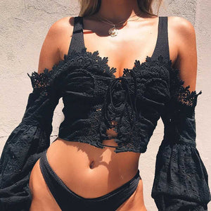Eyelet Lace Crop Top Off Shoulder Puff Sleeve