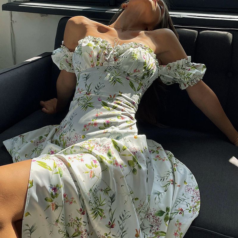 Vintage Floral Afternoon Tea Garden Off Shoulder High Slit Cottage Core Dress