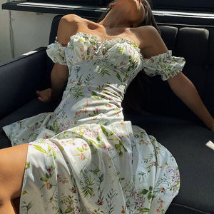 Vintage Floral Afternoon Tea Garden Off Shoulder High Slit Cottage Core Dress