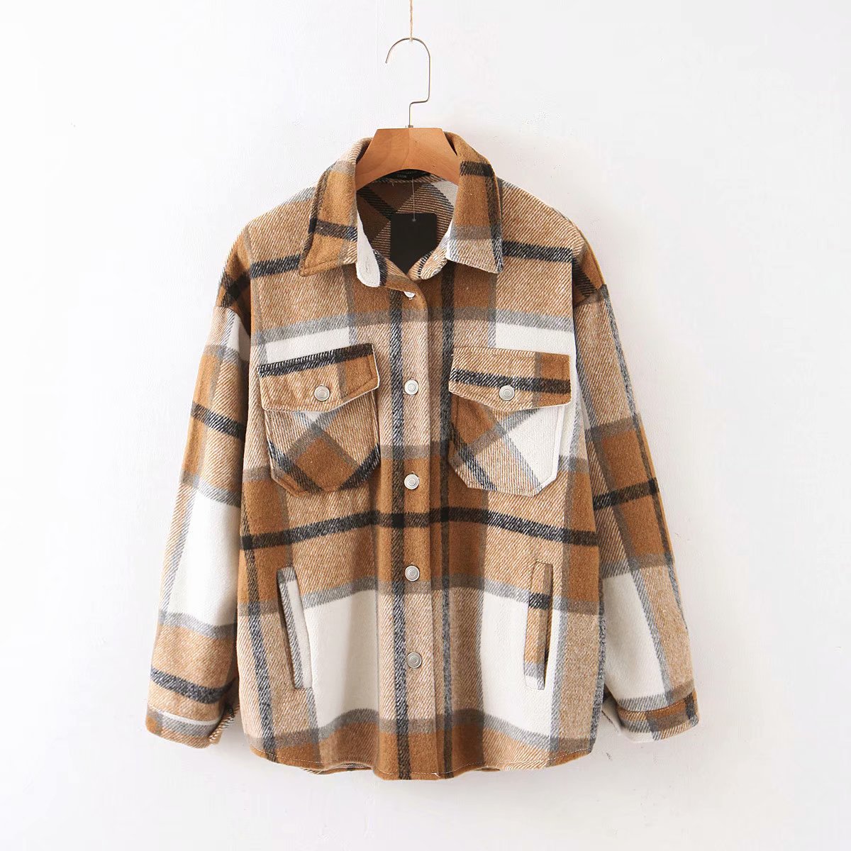 Classic Thick Colorblock Checked Button Down Shirt Jacket Woolen