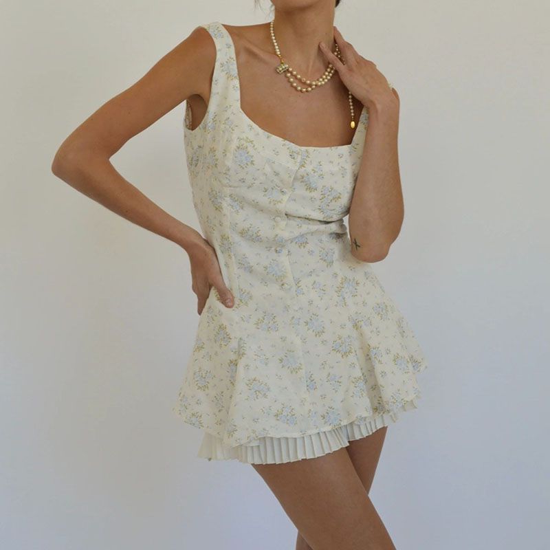 Pleated Skirt Underneath Retro Floral Iris Button Mini Dress