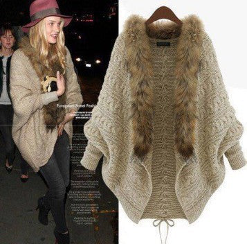 Oversized Furry Fur Collar Trim Batwing Knit Cardigan Sweaters