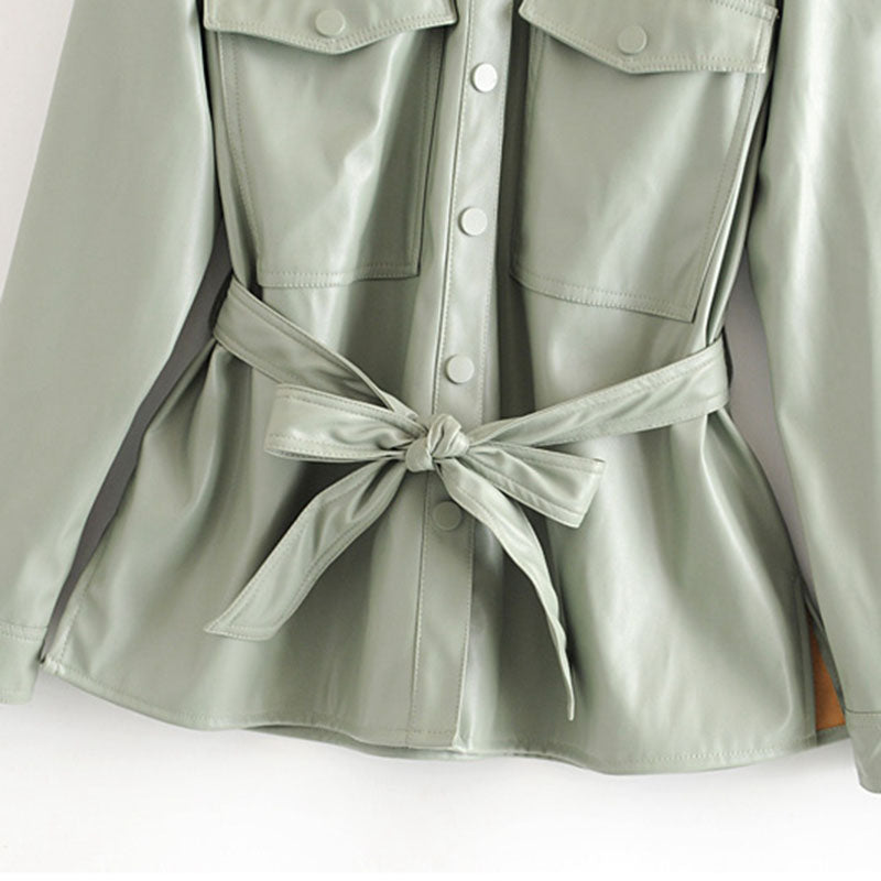 Green Faux Leather Shirt Jacket With Tie Waist Belt