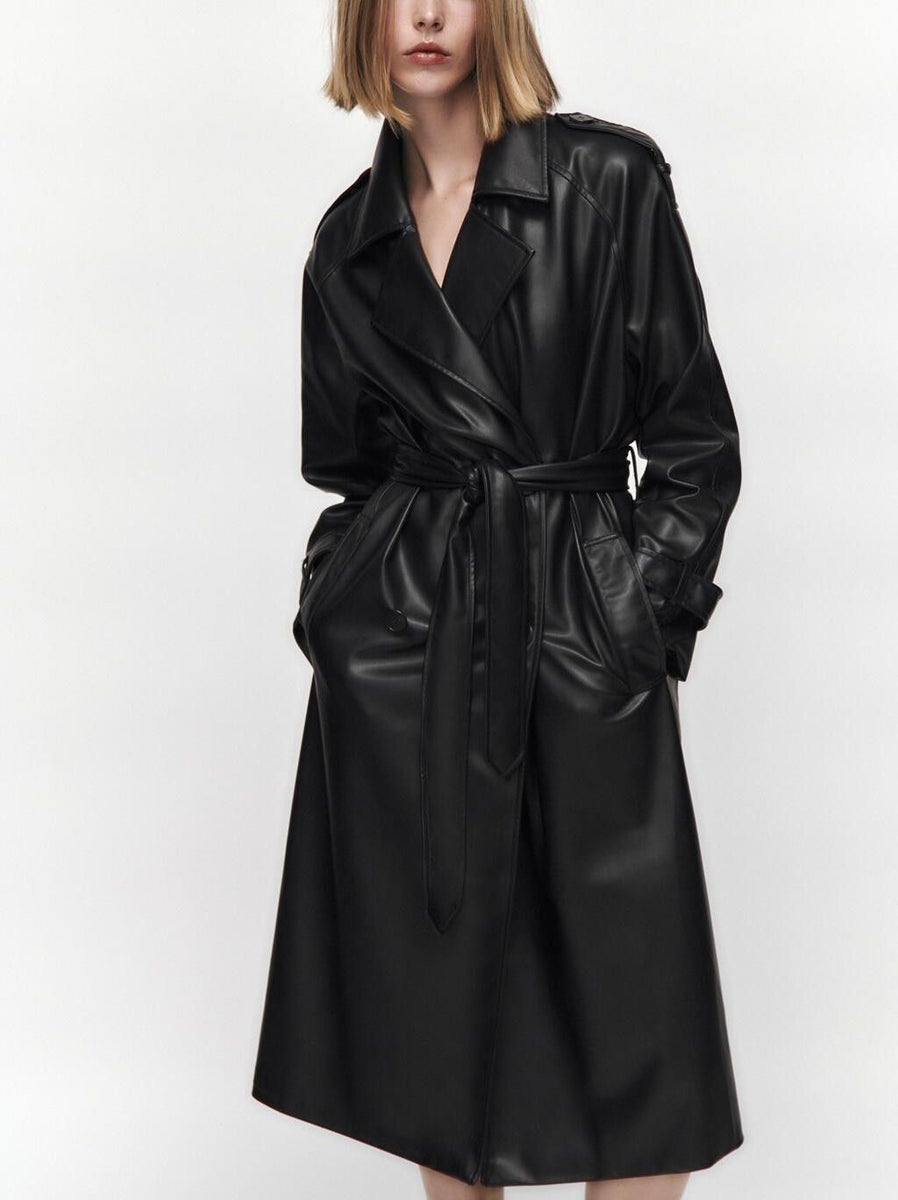 Double Breasted Full Length Black Patent Faux Leather Trench Coat – sunifty