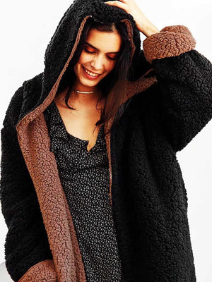 Reversible fuzzy faux fur hooded coat top