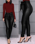 Skinny Tie Knot Belted Faux Leather Legging Pants