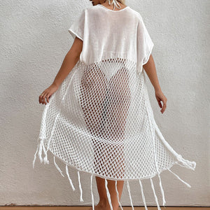 Fishnet Crochet Tassel Long Kimono Short Sleeve Beach Swimsuit Cover Up Dress