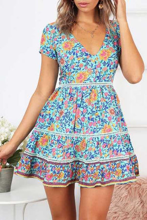 Trimming Boho Floral Button Down Flowy Mini Dress