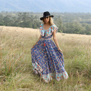 Bohemian Hippie Floral Flounce Off The Shoulder Maxi Dress