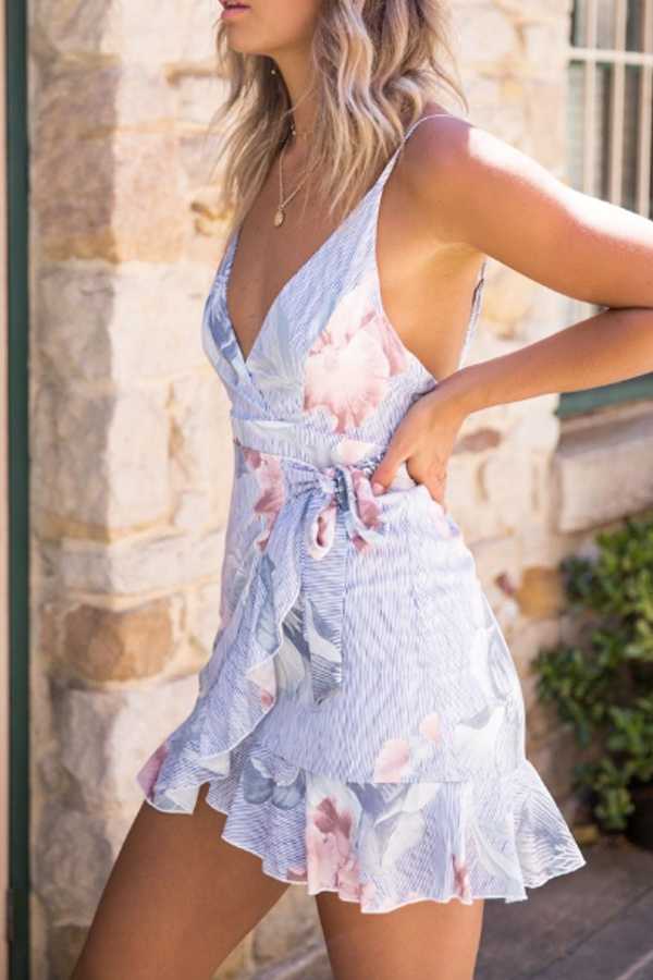 Colorful Striped Tie Waist Frill Wrap Short Ruffle Dress