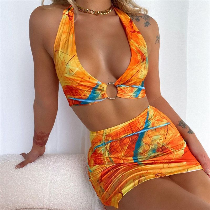 Retro Color Block Tie Back Halter Neckline O Ring Two Piece Dress Set