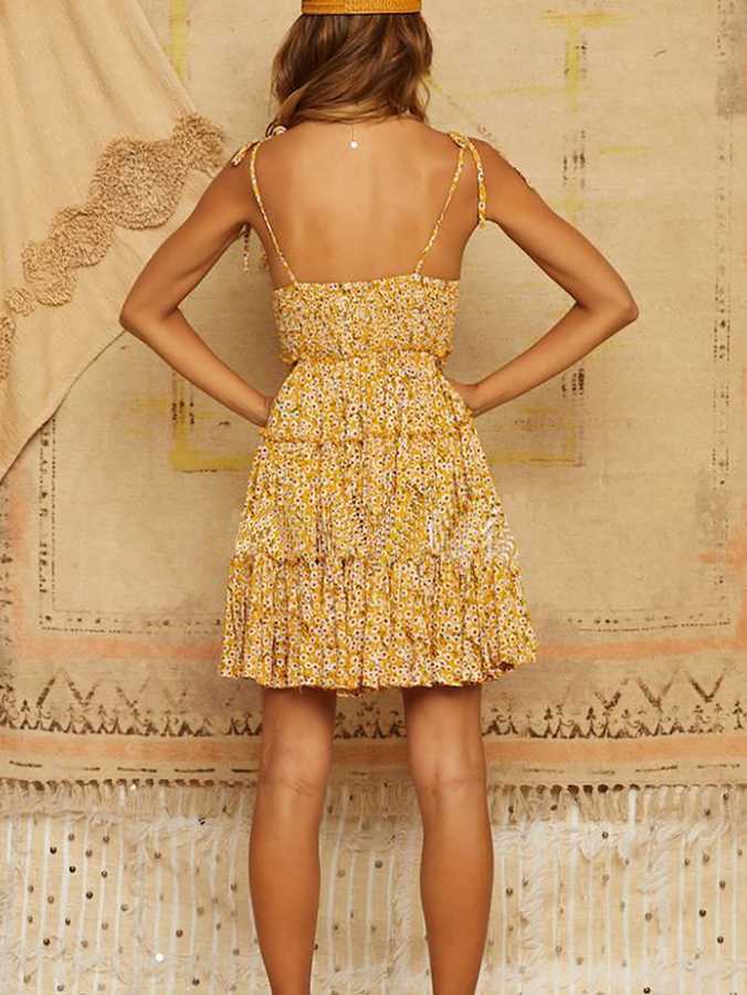 Mustard Yellow Floral Tie Shoulder Ruffle Dress With Frills at bottom
