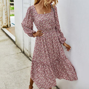 Stretchy Square Neck Garden Floral Print Swing Ruffle Midi Dress