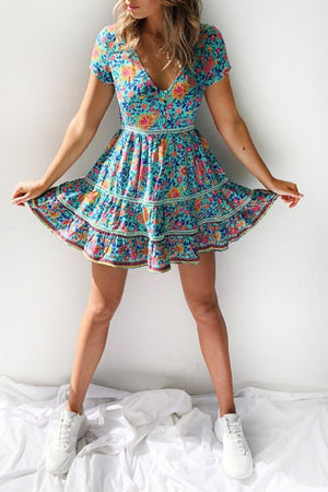 Trimming Boho Floral Button Down Flowy Mini Dress