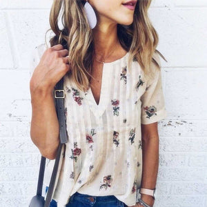 Floral Striped Deep V Neck Casual Blouse