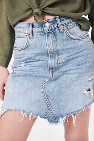 Vintage Washed Distressed Notched Light Denim Mini Skirt