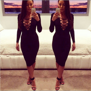 Plunging Front Criss Cross Bodycon Dress Long Sleeve