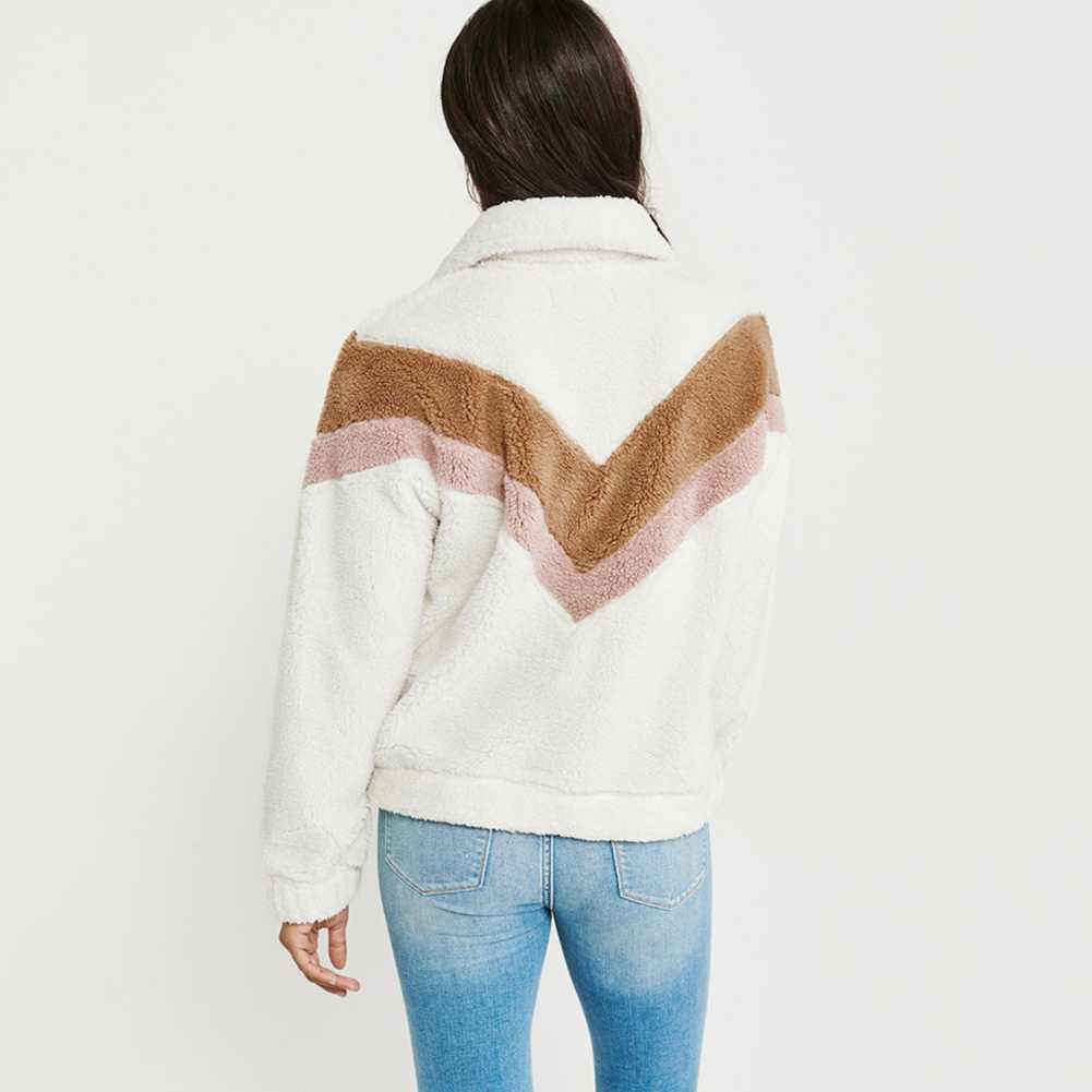 Cozy Colorblock Chevron Half Zip Faux Fur Sweatshirt Sherpa Pullover Jacket