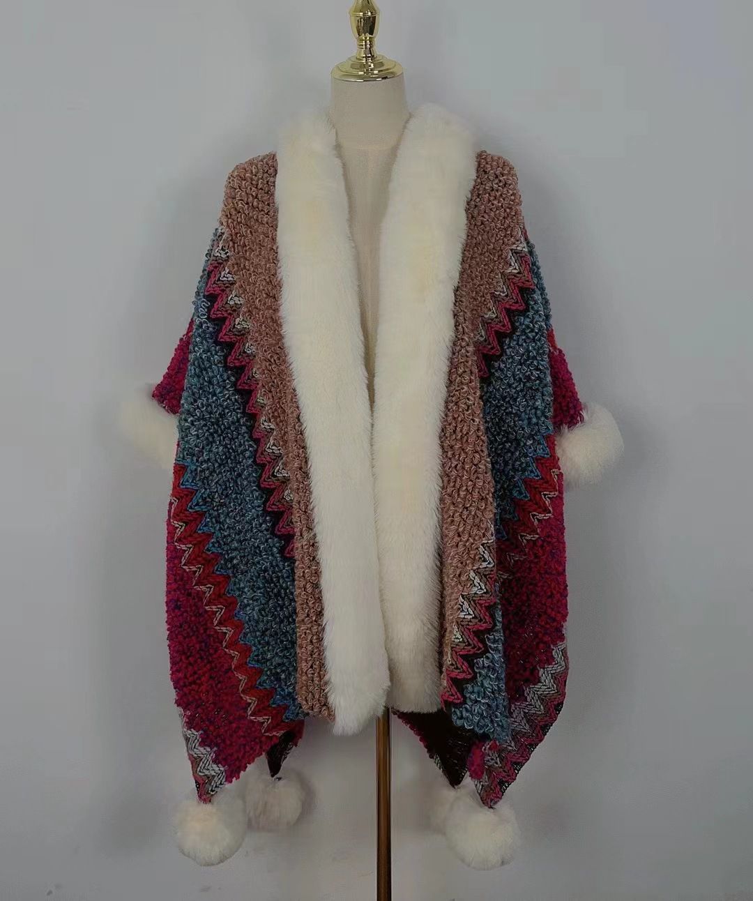 Boho Hippie Chic Rainbow Chunky Knitted Faux Fur Trim Pom Pom Poncho Shawl Coat