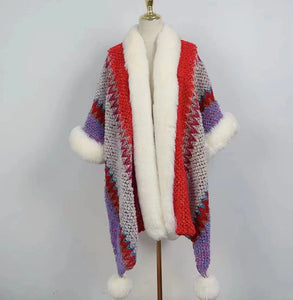 Boho Hippie Chic Rainbow Chunky Knitted Faux Fur Trim Pom Pom Poncho Shawl Coat