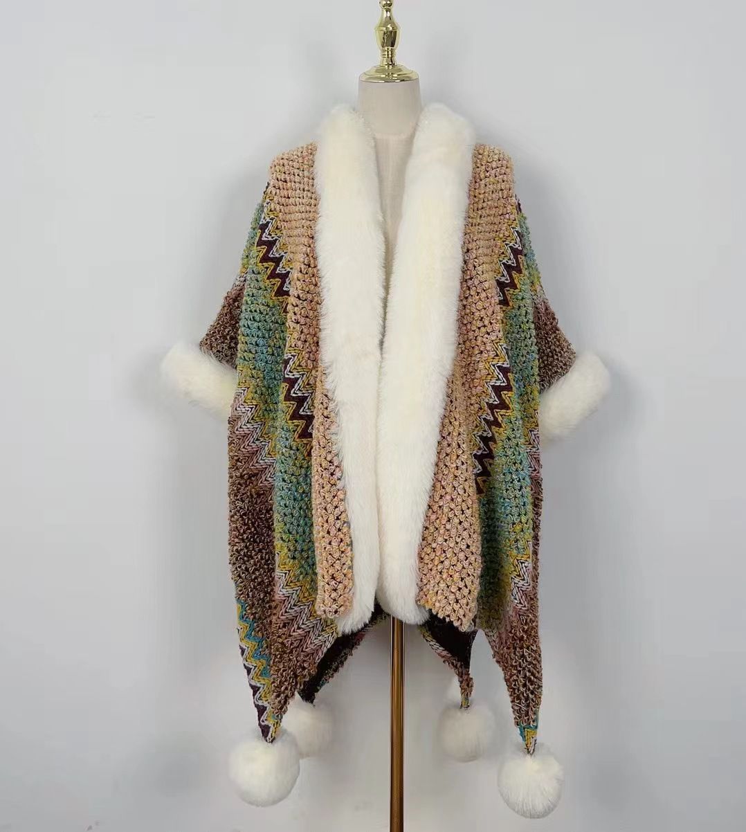 Boho Hippie Chic Rainbow Chunky Knitted Faux Fur Trim Pom Pom Poncho Shawl Coat