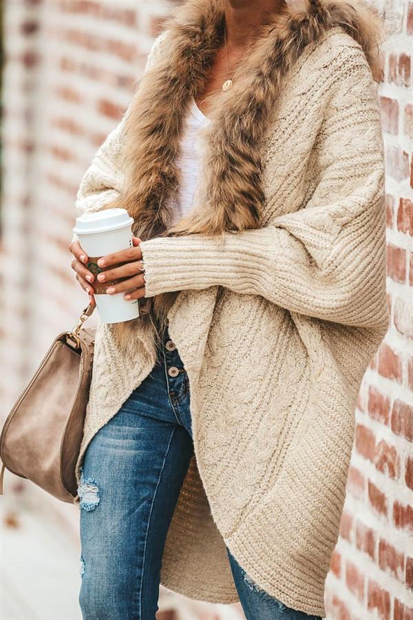 Oversized Furry Fur Collar Trim Batwing Knit Cardigan Sweaters