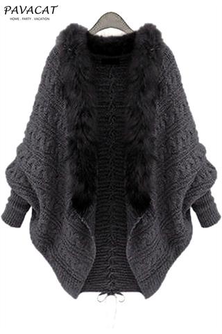 Oversized Furry Fur Collar Trim Batwing Knit Cardigan Sweaters