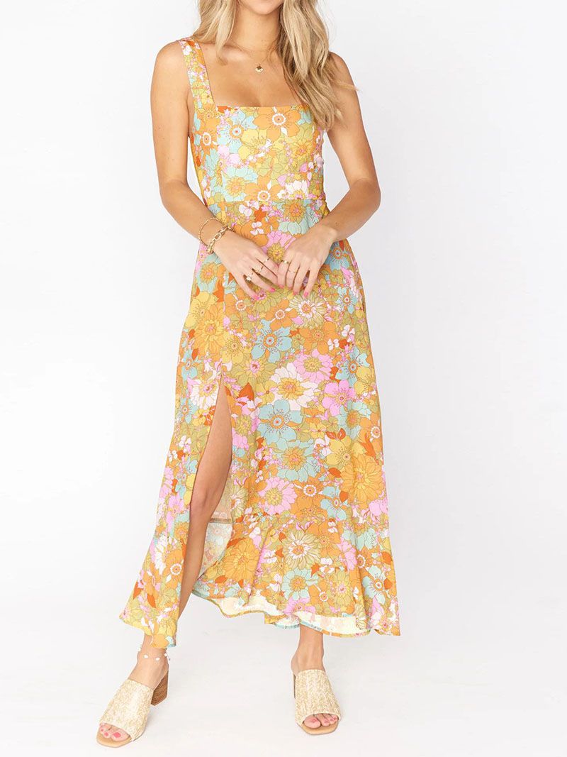 Retro Garden Tie Shoulder Spaghetti Midi Dress With Slit