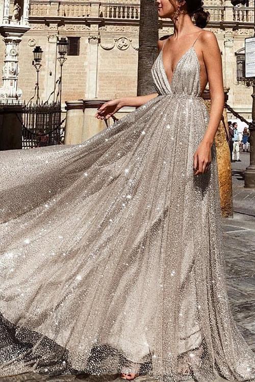 Sparkly Plunge Sequin Mesh Overlay Long Backless Prom Gown Dresses