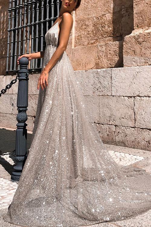 Sparkly Plunge Sequin Mesh Overlay Long Backless Prom Gown Dresses