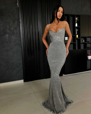 Classy Glitter Silver Long Dress Formal Mermaid Ball Gowns