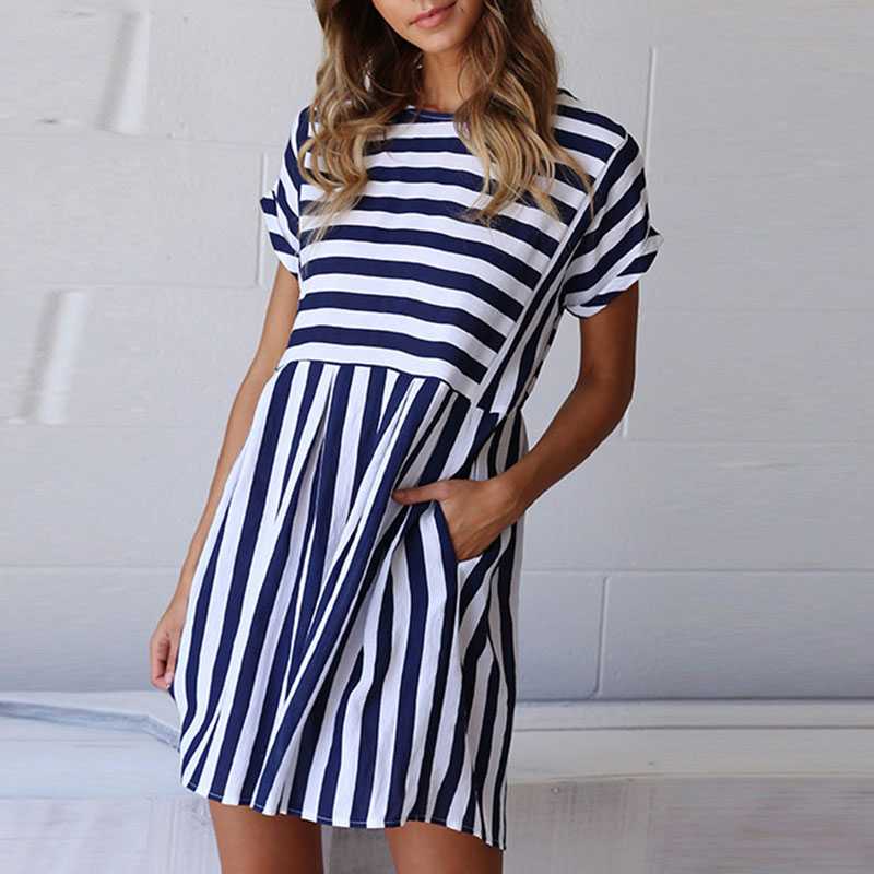 Slimming High Waisted Striped Short Sleeve Swing Dress