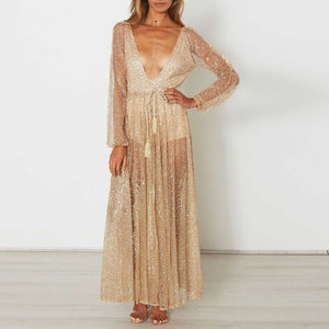 Gitter Sequins Deep Plunge Tie Waist Long Sleeve Sheer Mesh Dress