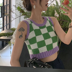 Color Block Ribbed Trimmed Check Knit Vest Cropped Sleeveless Tank Jumper