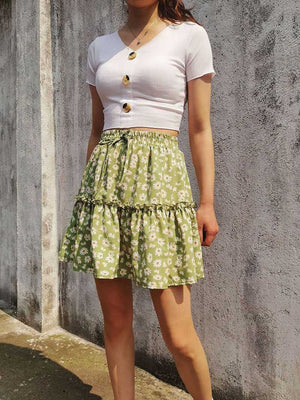 Classic Tie Front High Waisted Elastic Waist Ruffle Skirt