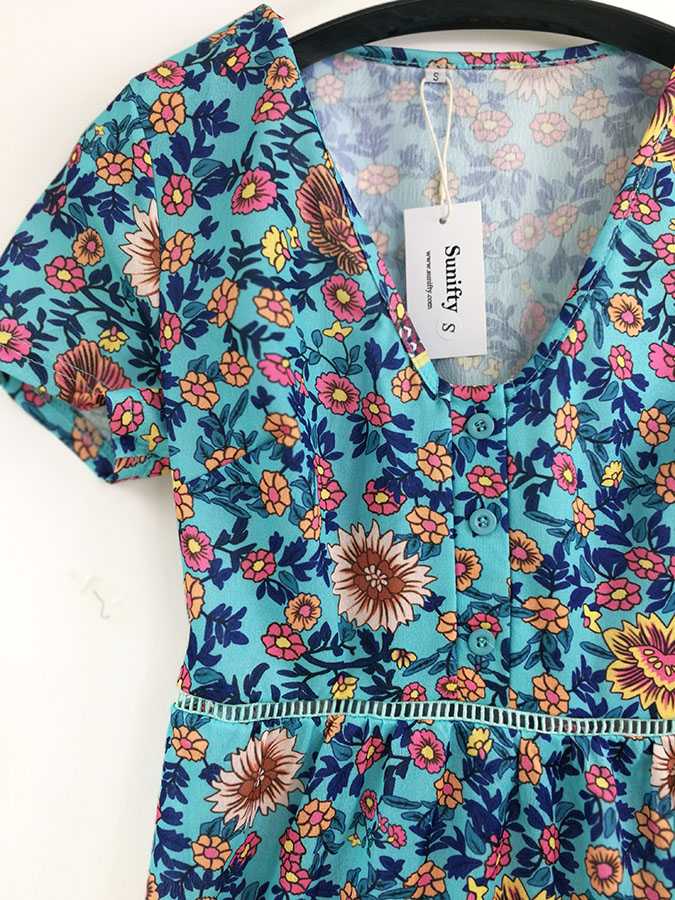 Trimming Boho Floral Button Down Flowy Mini Dress