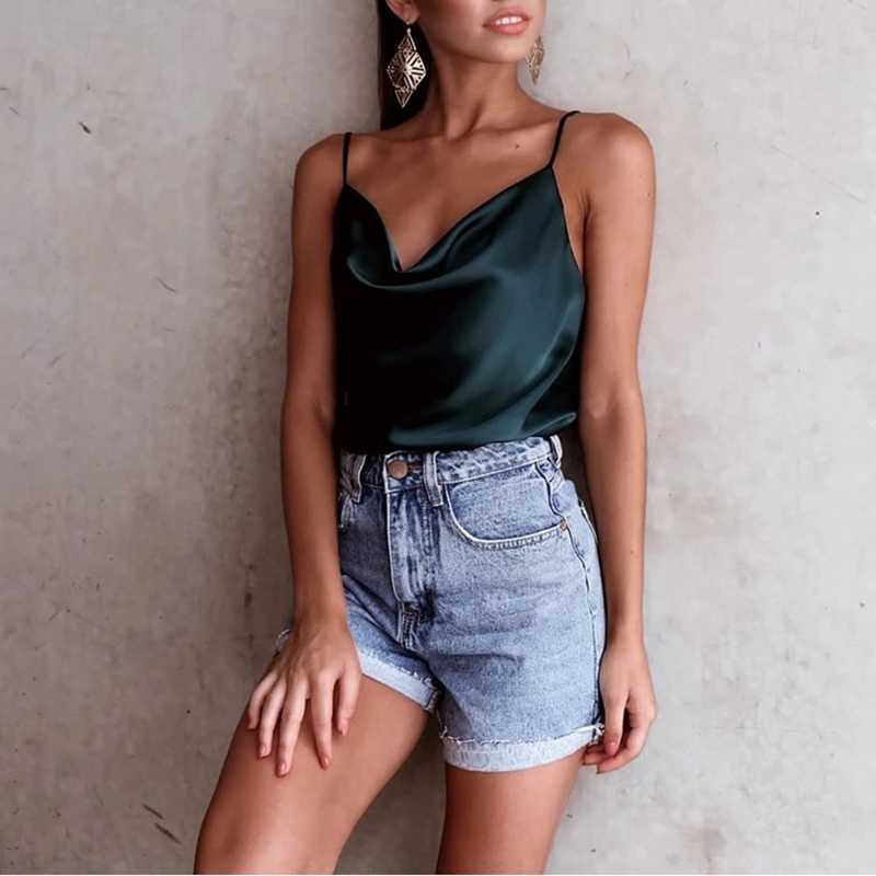 Relaxed Adjustable Spaghetti Strap Cow Neck Silk Satin Cami Camisole Top