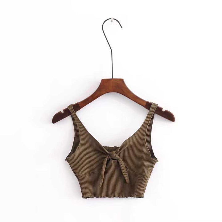 Elastic Fit Push Up Ribbed Tie Front Crop Top Shirt