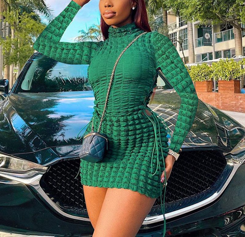 Elastic Fit Side Criss Cross Ruched Long Sleeve Turtleneck Jumper Bodycon Dress