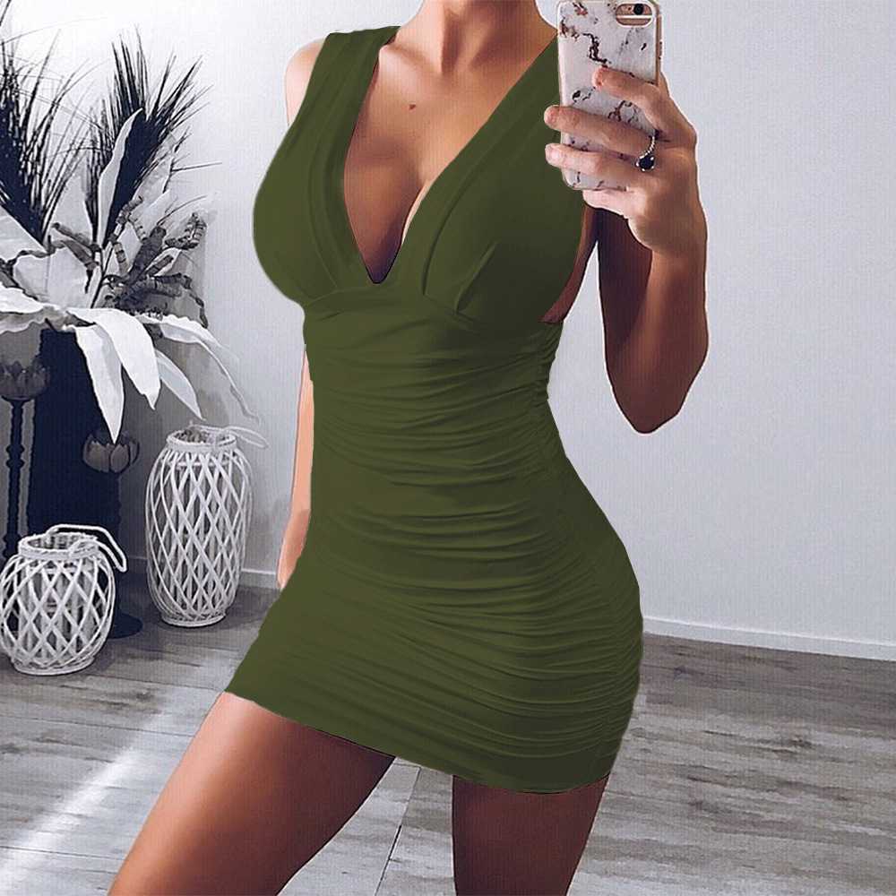 Sexy Wide Strap Deep V Neck Plunge Ruched Bodycon Dress
