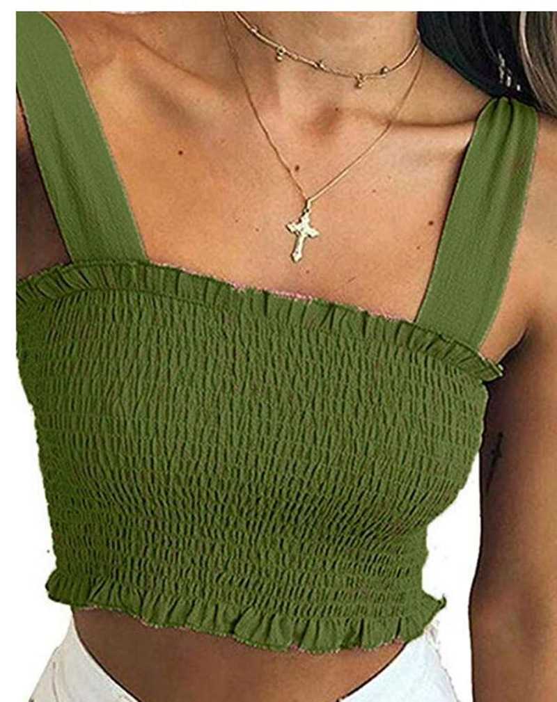 Curved Hem Trimmed Scrunch Tie Up Shoulder Ruched Crop Top Tanks