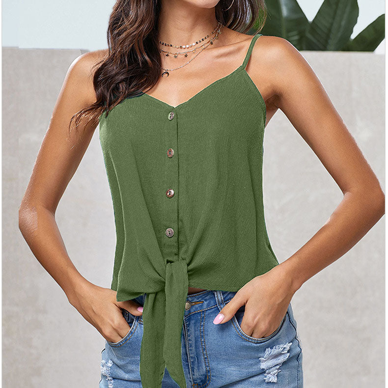 Swing Spaghetti Strap Tie Knot Button Up Tank Top