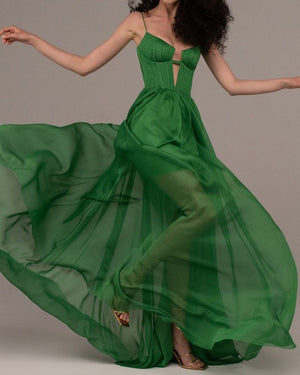 Slip Spaghettie Deep V Neck Cut Out Bustier Pleated Floor Length Gown Dress