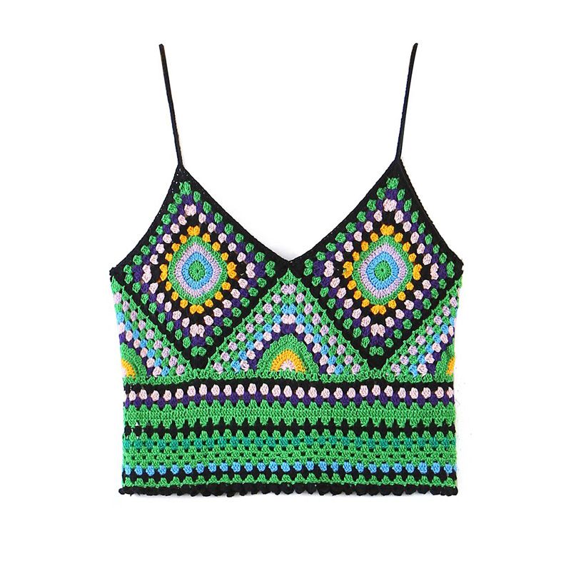 Bohemian Rainbow Crochet Flower Crop Top Rhombus Knitted Pattern Cami –  sunifty