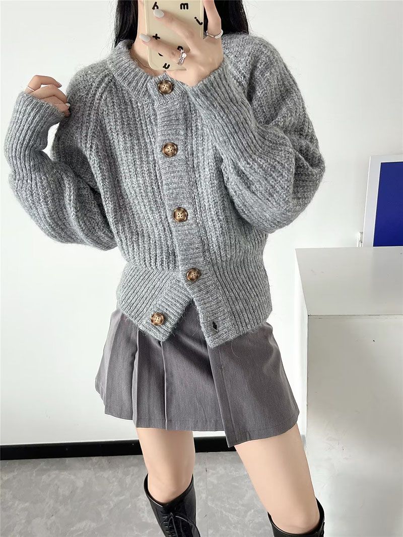 Grey Ribbed Knit Cardigan Round Neck Button Sweater Knitwear