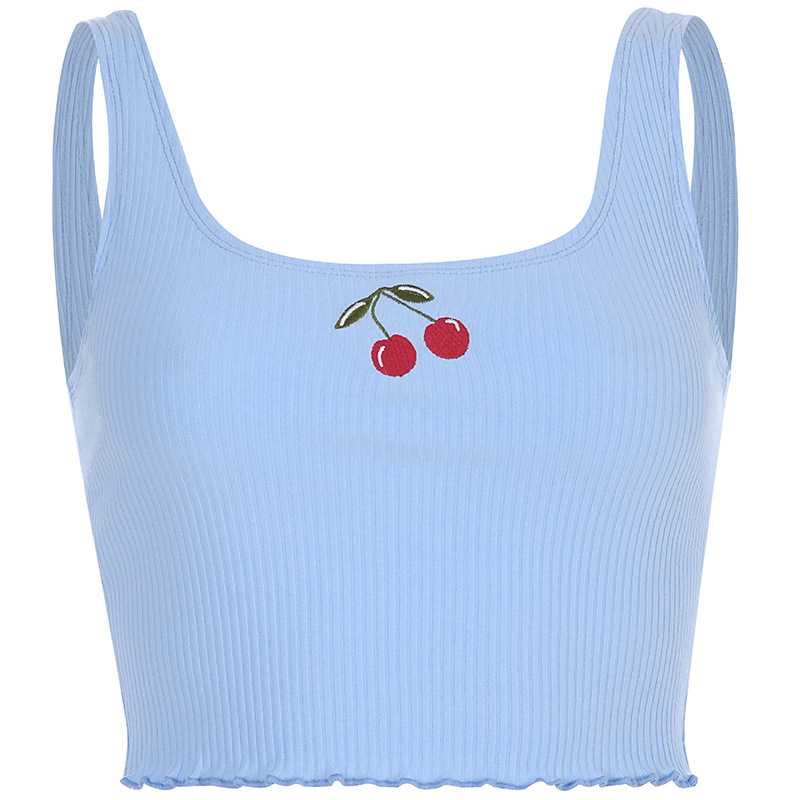 Cherry Embroidered Ribbed Push Up Tight GoingOut Crop Top Tanks